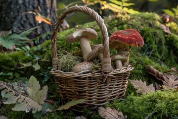 Fototapeta premium Wicker basket filled with various mushrooms, nestled amidst moss and fallen leaves in an autumnal forest setting