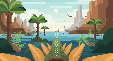 Dinosaur Landscape: Prehistoric world with long neck dinosaur, pterodactyl, palm trees © Anisah