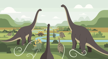 Mesozoic Era Landscape with Diverse Dinosaurs in Flat Design © Anisah