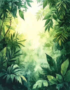 Lush green watercolor painting framing a bright jungle canopy opening.