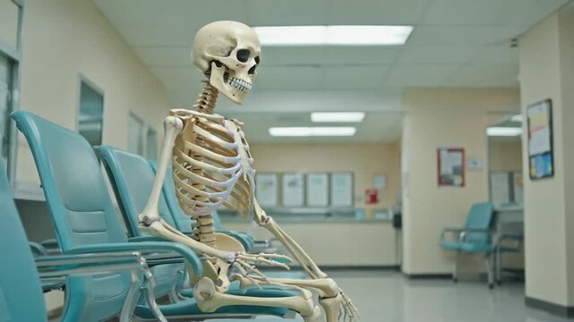 Skeleton in the hospital waiting room. Long wait.