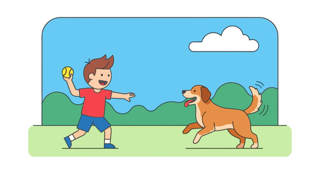 Boy playing fetch with dog in park, cartoon illustration