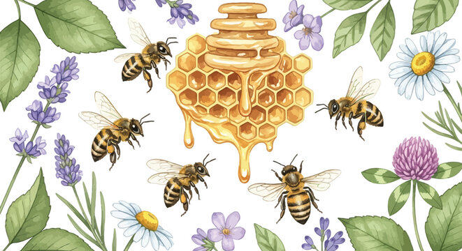 Honeycomb dripping with honey and bees flying around with flowers