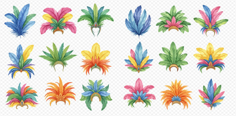 Set of vibrant watercolor feather headdresses, perfect for carnival, Mardi Gras, and festive celebrations. © Akun