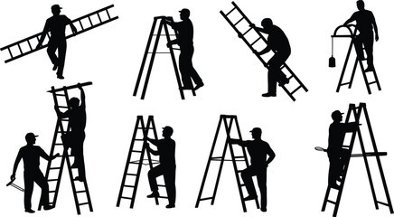 Ladder Interaction Silhouettes &ndash; Eight Figures in Various Climbing, Carrying, and Working Poses for Safety, Instructional, and Labor Activity Illustration Use