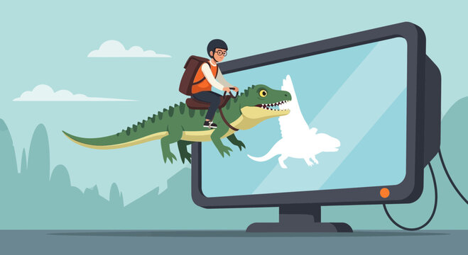 Boy riding a dinosaur emerging from computer screen, imagination concept
