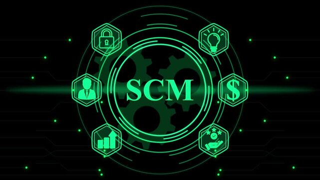 SCM supply chain management concept with neon icons and gears