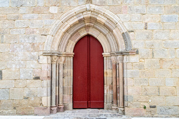 Fototapeta premium 13th Century Romanesque and Gothic Transition Portal of San Salvador Church in Sarria, Spain