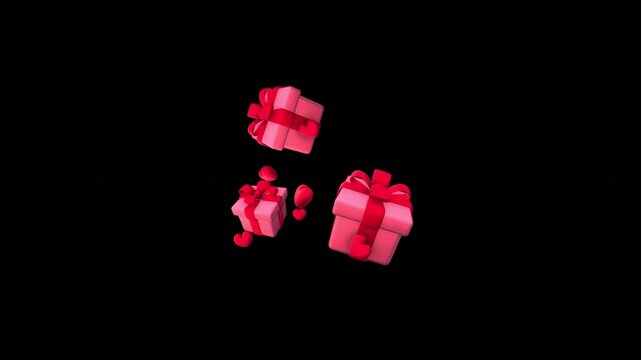Festive Valentine gift box explosion popup with floating hearts. 6-second 3D animation on transparent background, perfect for romantic promos, ads, social media, reels, stories, and love celebrations.