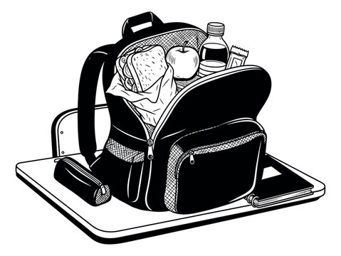 Hand drawn line art illustration of an open school backpack depicting a packed lunch and supplies for education