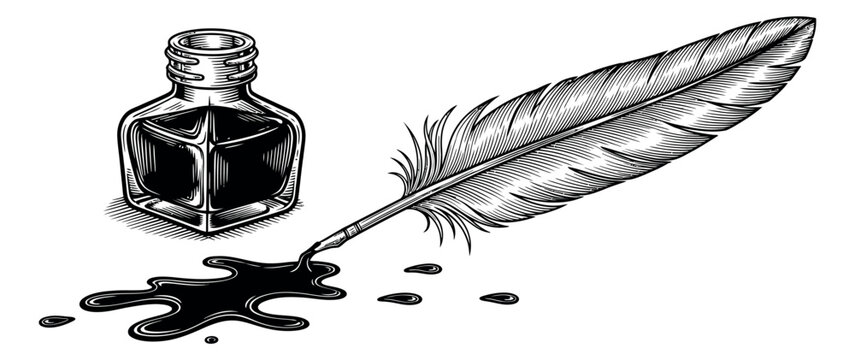 Vintage line art illustration of a quill pen and inkwell depicting spilled ink for creative writing concepts