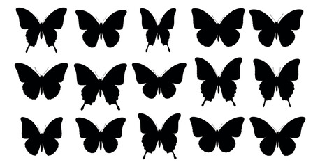 Obraz premium Stylized black butterfly silhouettes set featuring diverse flying insects for spring designs