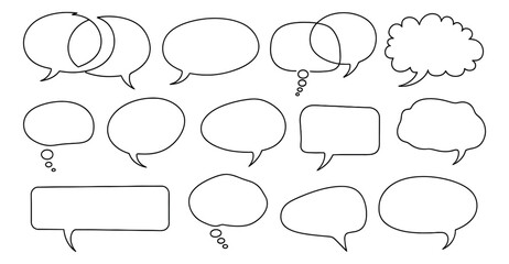 Fototapeta premium Hand drawn line art speech and thought bubble set featuring various blank comic callouts for communication and graphic design