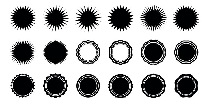 Modern badge and seal set featuring various spiky and round shapes for commercial branding