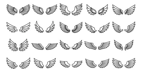 Fototapeta premium Simple line art wing set featuring various stylized designs of angelic and bird wings for creative projects