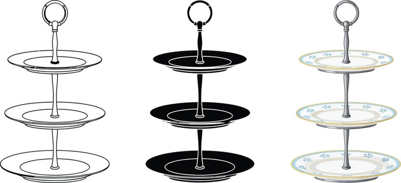 Three tier serving stand with plates vector illustration of a cake stand in outline silhouette and decorated styles for culinary use