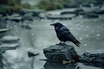 Obraz premium Large black raven perched on a rock in a pond on a misty day
