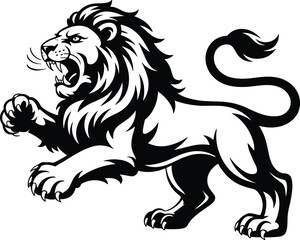Obraz premium Stylized lion silhouette in aggressive pose, roaring with raised paw, black and white emblem illustration, symbol of courage, strength, authority