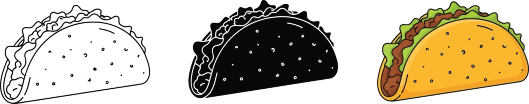 Collection of taco illustrations including line art silhouette and colorful flat design for food concepts and menus