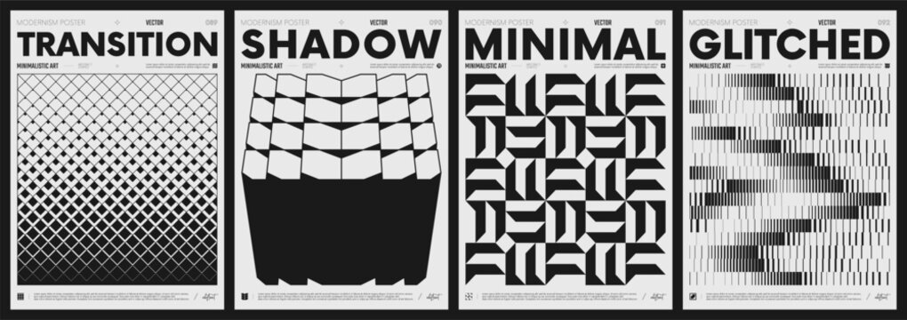 Modern abstract poster collection, vector minimalist posters with geometric shapes in black and white, brutalist style inspired graphics, bold aesthetic, shape distortion effect set 23