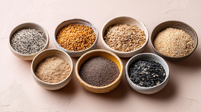 Banner shot of several small ceramic bowls filled with various seeds and grains, arranged in a straight line, Diversity of Grains concept, soft beige and brown tones, minimalist ze