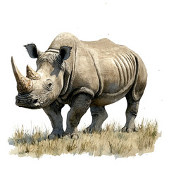 Fototapeta premium White Rhinoceros, playful watercolor vector painting with subtle shadowing and soft gradients, isolated on a white background.