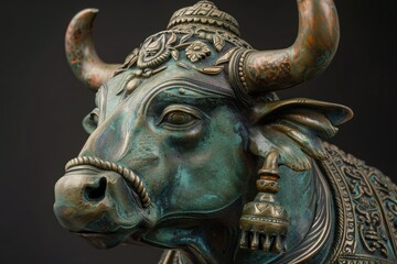 Fototapeta premium Close up of a sacred zebu bull statue, nandi, adorned with intricate carvings and embellishments, symbolizing strength and devotion in hindu culture