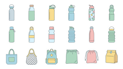 Flat Design Vector Icon Set of Reusable Water Bottles and Eco-Friendly Bags in Pastel Colors. Sustainable Lifestyle Items Including Tote Bags, Backpacks, and Sports Bottles for Zero Waste Living.