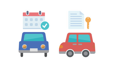 カーオーダー完了を示すチェック付きカレンダーと書類、鍵と車のイメージ
