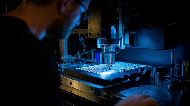 Focused bench with a CNC machine in action safety sensors glowing subtly as a maker carefully sets tool parameters.