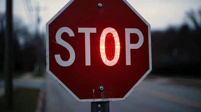 A close-up shot of a red stop sign with bright illuminated letters standing on a road