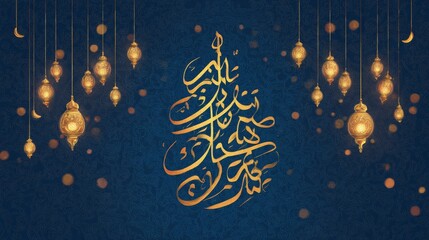 Elegant Arabic calligraphy with hanging lanterns on dark blue background