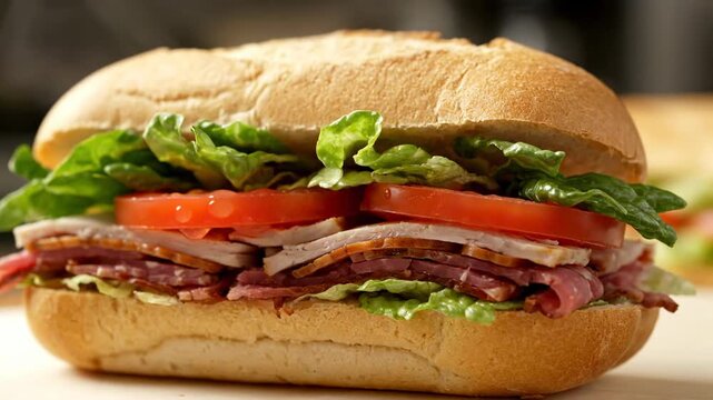 A close-up shot of a sandwich on a table. It has layers of meat, lettuce, and tomatoes. The bread is soft and fluffy