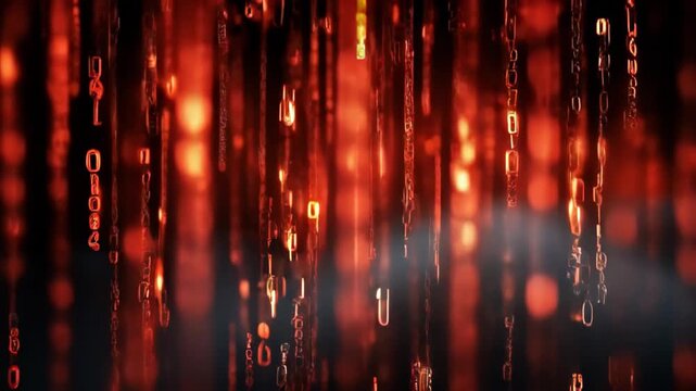 Hightech cybersecurity concept showcasing dynamic data streams with red binary code flowing against a dark background