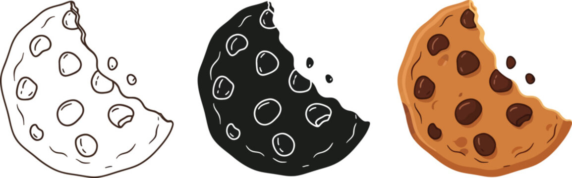 Bitten chocolate chip cookie icons in outline silhouette and full color representing a delicious snack concept for food blogs and recipes
