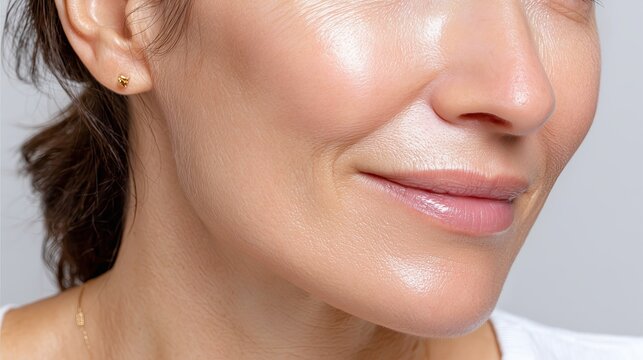 Serumenhanced glowing skin. Closeup of radiant skin after skincare application process