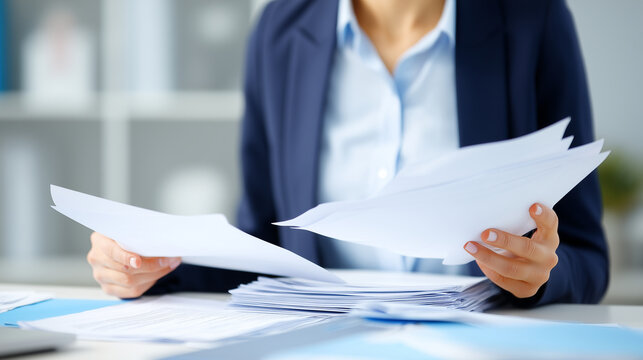 Business documents with auditor businesswoman checking paperwork, searching legal documents for tax analysis and reporting preparation, accountant reviewing data contracts and part