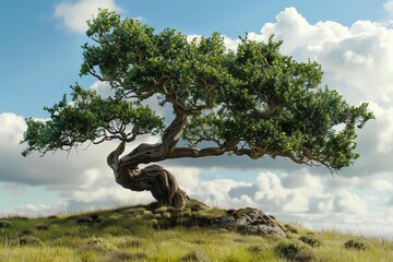 Obraz premium Majestic tree with twisted trunk and lush green foliage growing on a grassy hill, set against a backdrop of a cloudy sky