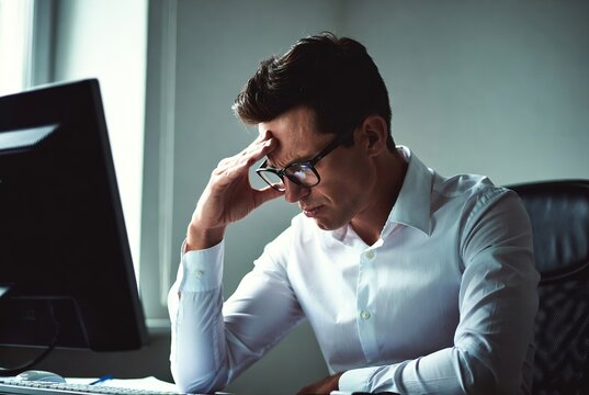 A frustrated businessman suffering from stress and headache while working on his computer