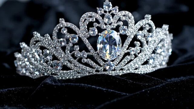 A close-up showcases a luxurious tiara adorned with sparkling gemstones, resting on black velvet, highlighting intricate detail and elegance