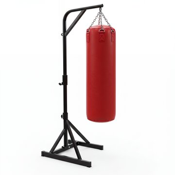 Red Leather Punching Bag on Reinforced Black Metal H-Frame Stand with Diagonal Bracing for High Intensity Boxing and Kickboxing Training