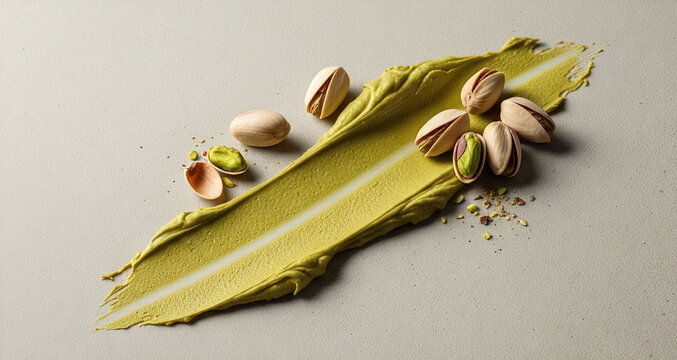 Creamy pistachio nut butter smear with whole and crushed pistachio nuts