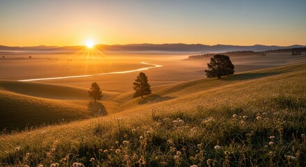 Obraz premium Golden sunrise over rolling hills with trees and misty landscape