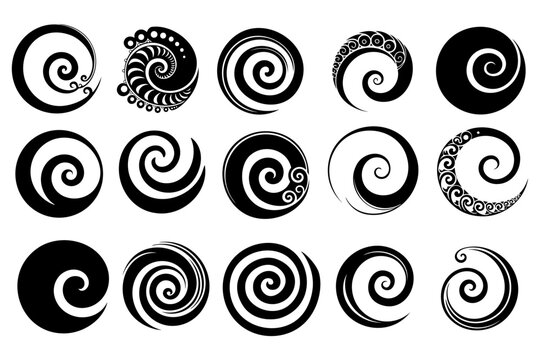 Set of 15 Polynesian style koru spiral swirls. Traditional New Zealand Maori art, minimalist style icon or logo. Vector illustration.