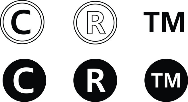 Copyright trademark and registered symbol icons in black and white outline and solid fill Keywords: copyright, trademark