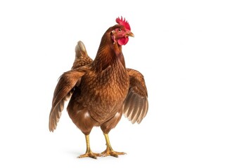 Fototapeta premium Brown hen with red comb and wattles standing with wings slightly open on white background