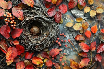 Fototapeta premium Intricate bird nest with a single egg, nestled among vibrant autumn leaves and berries, creating a captivating seasonal scene