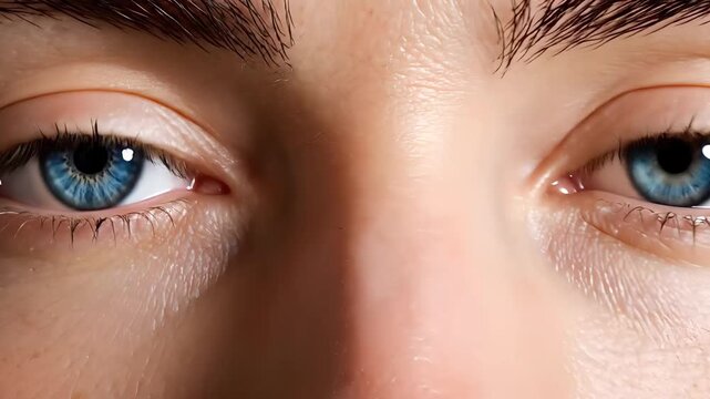 Intense blue eyes gaze forward with curiosity and introspection