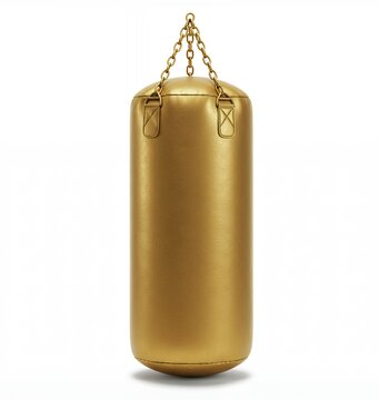 Premium Metallic Gold Punching Bag for High-End Fitness Centers and Martial Arts Studios Isolated on White Background with Metal Chains and Shadow