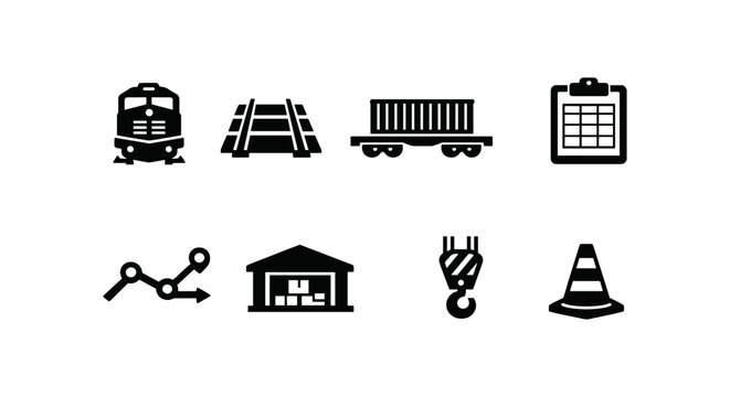 Logistics icons set: train, rail, container, clipboard, chart, warehouse, crane, cone